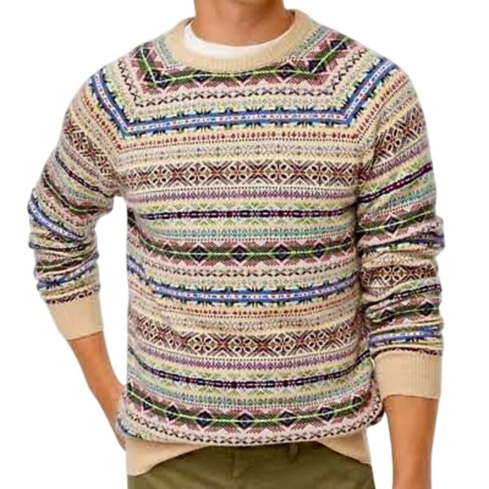 J Crew Mens Lambswool Blend Fair Isle Nordic Pullover Sweater Preppy Ski Retro